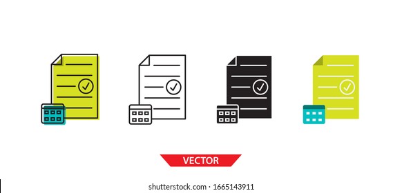 Simple document with calendar icon on white background 4 types such as outline, black, color, outline and color. Vector illustration.