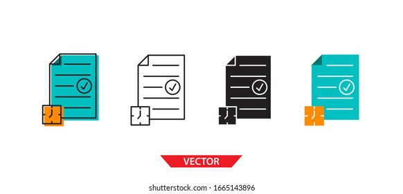Simple document with clock icon on white background 4 types such as outline, black, color, outline and color. Vector illustration.