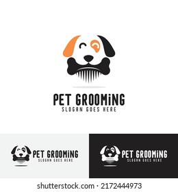 simple dog bites bone hair comb logo design, pet grooming logo concept vector template icon