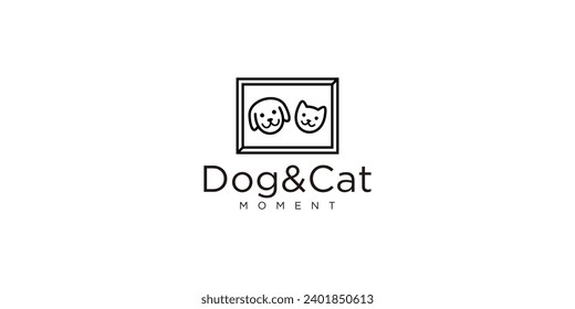 Simple Dog and Cat Face in Frame for Saving Pet Moments Logo Design Template.