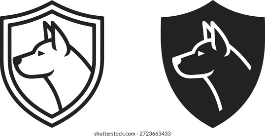 Simple dog head logos in shield icons, presented in black and white, symbolizing protection and loyalty	