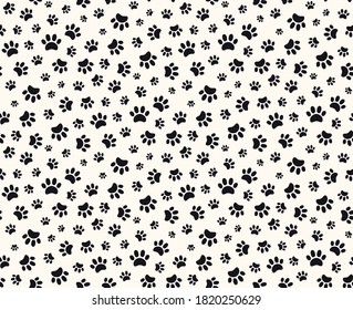 Simple dog paw print seamless pattern, puppy footprints, black on white background. Hand drawn vector illustration. Flat style. Design concept for trendy fashion print, wallpaper, wrapping paper.