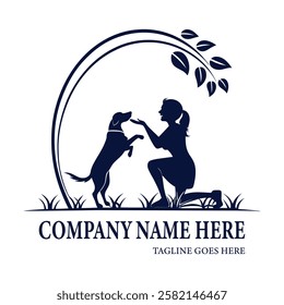 simple dog training logo with running dog in green grass. canine resort, training, boarding, pet business symbol .