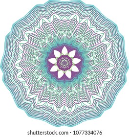 Simple doily-inspired guilloche rosette with soft teal and purple palette.