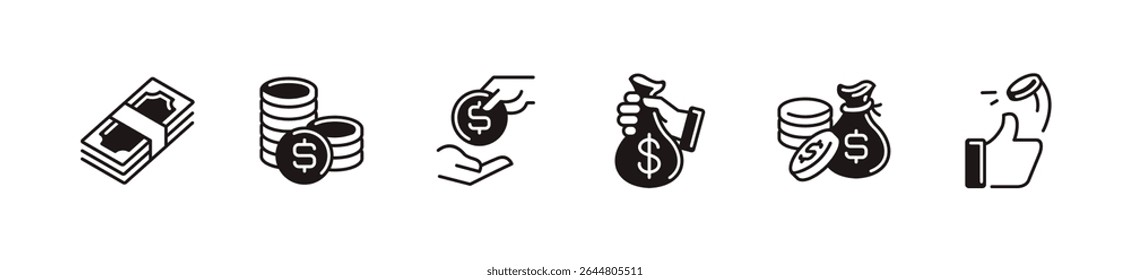 simple dollar cash currency icon line set financial dollar bag and coin stack vector business balance wallet wealth signs illustration for web and app