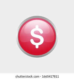 icono simple brillante en dólares con diseño de color rojo, plantilla de botón brillante en círculo vectorial para sitio web, publicidad, impresión 