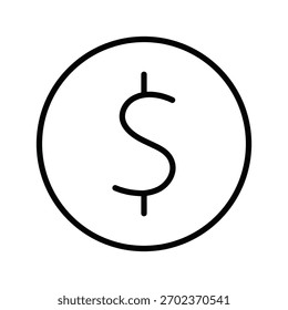 Un simple icono de moneda de signo de dólar en un estilo de contorno limpio. Perfecto para Sitios web financieros, Botones de pago y proyectos de Diseño gráfico relacionados con el negocio.
