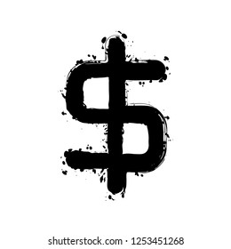 simple dollar symbol. Black ink with splashes on white background