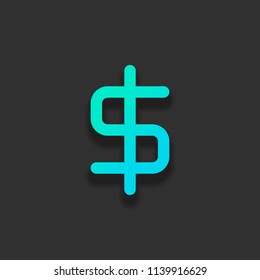 simple dollar symbol. Colorful logo concept with soft shadow on dark background. Icon color of azure ocean