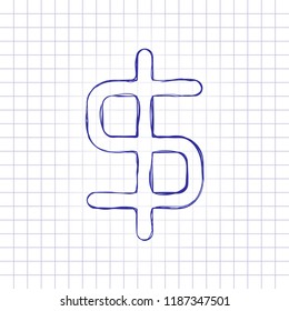 simple dollar symbol. Hand drawn picture on paper sheet. Blue ink, outline sketch style. Doodle on checkered background