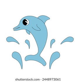 Simple Dolphin isolated white background. Cute Dolphin with water drops in trendy Minimalist style. Vector illustration can used template travel design, t-shirt print, postcard cover. Editable stroke