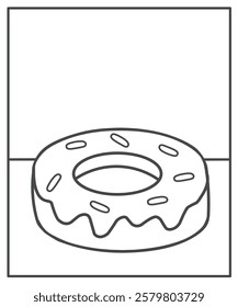 Simple donut coloring page for kids, doughnut sketch black and white, bakery coloring page activity for kids 