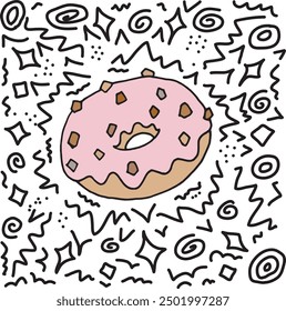 Simple donut and doodle commercial outline cartoon illustration. Sweet pastry donut breakfast with pink glaze and line drawing logo. Sugar food or small cake with cream glaze simple retro pen drawing.