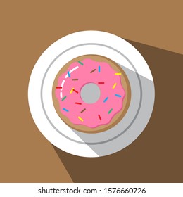 Simple donut flat illustration. A yummy donut in white plate ilustration vector