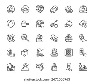 Simple donut making step line icon set on white background, desert food menu at home and restaurant concept, for mobile application, media, website ux ui, 48x48 pixel perfect icon, editable stroke