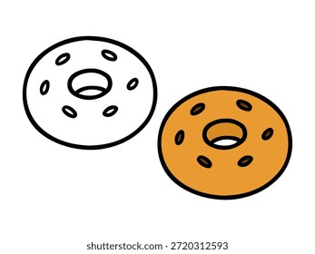 Ilustración simple del anillo de la rosquilla con una versión coloreada y una versión del contorno, estilo lindo y mínimo conveniente para los iconos, las pegatinas, los gráficos de la comida, el contenido de los niños, y las páginas para colorear.