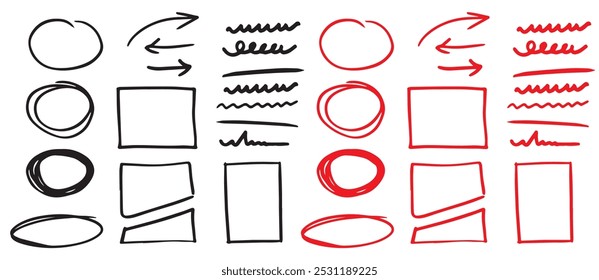 Simple doodle abstract circle, rectangular  shape, arrow, and lines 