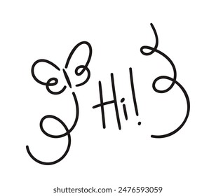 Simple Doodle Art Featuring The Word Hi With A Playful Butterfly And Swirly Lines Isolated On White Background