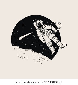 Simple doodle of astronaut, moon, outer space, and stars.