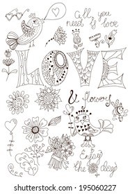 Simple doodle background with flowers and bird over white, VECTOR
