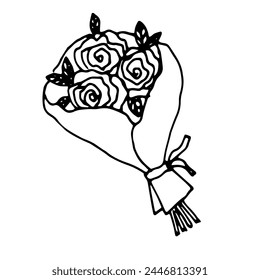 Simple doodle balck and white vector illustration sketch
line art birthday b-day bunch of rose flowers and leaves, party bouquet