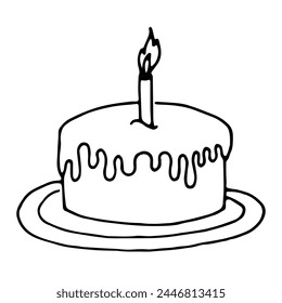 Simple doodle balck and white vector illustration sketch
line art birthday b-day cake with cream snd lit candle on plate