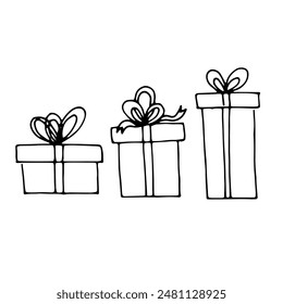 Simple doodle balck and white vector illustration sketch
line art birthday b-day gift present boxes with bows