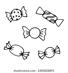 Simple doodle balck and white vector illustration sketch
line art birthday b-day halloween party sweets, candies