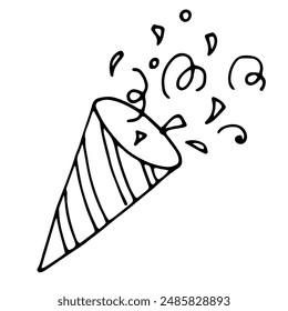 Simple doodle balck and white vector illustration sketch
line art birthday b-day party hat with confetti