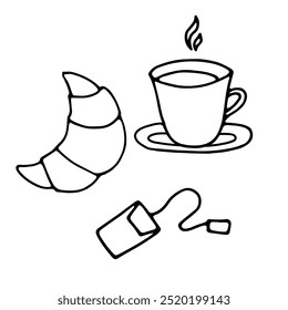 Simple doodle negro y blanco boceto de Ilustración vectorial de taza con café caliente o té con vapor y croissant.Breakfast temprano en la mañana