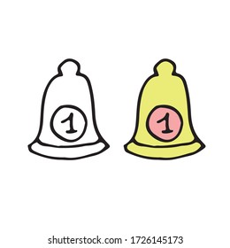 Simple timbre de doodle con 1 número. Concepto de alarma, notificación de tareas importantes. Ilustración vectorial dibujada a mano en el estilo de contorno del doodle de dibujos animados. Diseño web, icono de computadora