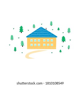 Simple doodle big house with forest fir trees around isolated on white background. Simple children illustration.