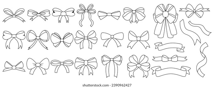 Simple doodle black and white hand drawn ribbon bow collection. Bowknot for decoration, big set of bowtie