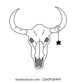 Simple doodle of bull skull with star earring on the horn with hand drawn outline. Portrait of cow scull head skeleton in front view. Sign of cowboy, western culture, cowgirl, native American, Texas