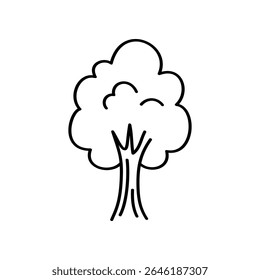 Simple doodle of a cartoon tree is presented. The tree icon is hand drawn with a line art style. The trunk and leaves are displayed clearly