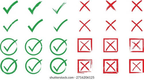 Marcas de lista de verificação de rabiscar simples com símbolos de caixas de verificação traçadas em um estilo de marcador áspero.