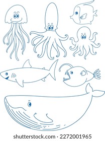 Simple doodle children drawing sea creatures illustration
