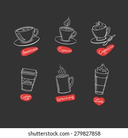 Simple doodle coffee design with labels. Vector illustration.