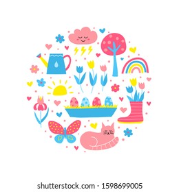 Simple doodle colorful spring icons composed in circle shape. Perfect for kids design.