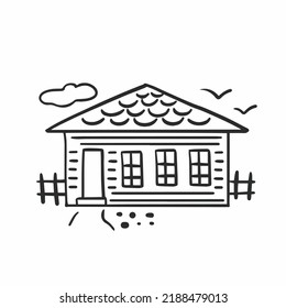 Simple Doodle Country House Art. Abstract Hand Drawn Wooden Dwelling Vector Illustration With Birds, Cloud Fence. Black And White Vector Illustration In Contour Outline Style