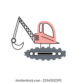 Simple doodle of a crane, bulldozer, and excavator for kids. Minimal construction vehicle icons on a white background. Fun vector illustrations for children.