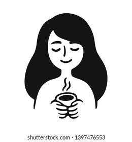 Simple doodle of cute girl holding cup of hot tea or coffee. Black and white drawing, vector illustration.