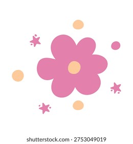 Simple doodle of a cute pink flower with stars and dots. Flat vector illustration.