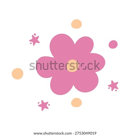 Simple doodle of a cute pink flower with stars and dots. Flat vector illustration.
