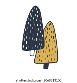 Simple doodle cute trees. Yellow and dar blue color
