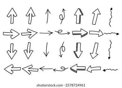 Simple Doodle Directional Arrows Set. Lines Market Sign Directions Right Left Down Backward Collection. Hand Drawn Vector Isolated Illustration