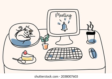 Simple Doodle Drawing Of Work Life Balance, Desk Setup, Meeting Alert, Office Life Style, Working From Home.