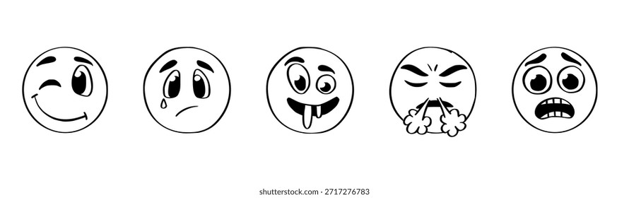 Conjunto de emoji de doodle simple. Caras sonrientes dibujadas a mano con varias expresiones emocionales que muestran alegría, asombro, tristeza, ira. Vector de caracteres de contorno lineal en un estilo divertido de boceto a mano alzada.