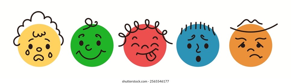 Simple doodle emojis showing feelings flat color vector icon set. Facial expressions minimalist signs illustrations pack on white background