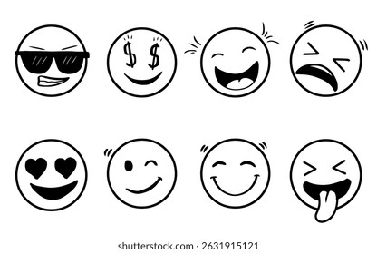 Simple Doodle Expression Icons. Hand drawn emoji faces vector set. Various mood Emoji collection. Sketch style